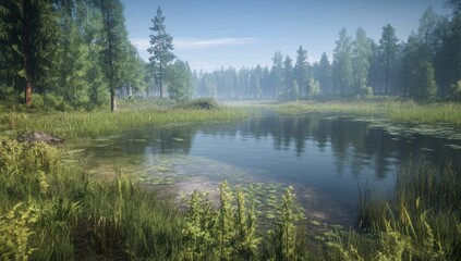 Obraz premium Serene Forest Lake: A Misty Morning