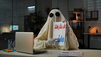 Ghostly Figure in Office Analyzing Bar Chart Data
