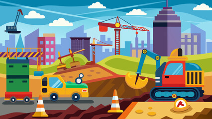 Naklejka premium Vector art of an active construction zone with excavators, trucks, and cranes working towards building a city