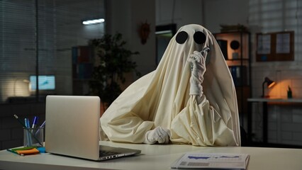 Ghost in Office with Laptop and Phone Costume Setup