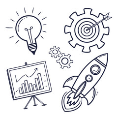  Business money sketch idea icon set. Hand drawn sketch elements for startup, project, goal and teamwork. Business graphic chart, rocket, growth marketing concept in chalkboard. Vector illustration