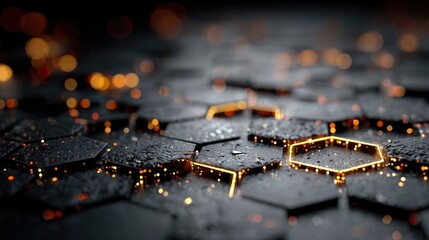 Futuristic hexagonal pattern with glowing edges and digital elements creates an abstract sci-fi background, perfect for tech-themed visuals.