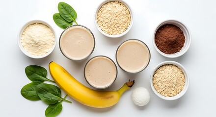 A healthy smoothie with banana, spinach, and oats, surrounded by ingredients