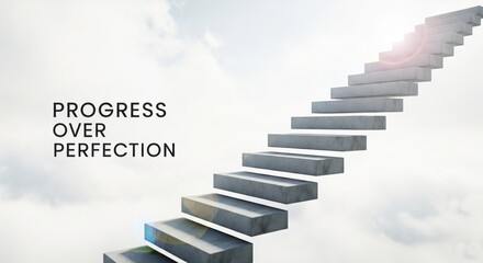 A serene staircase ascending into the clouds symbolizes the journey of progress over perfection