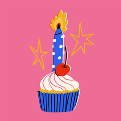 Burning Candle on a Cupcake. Tasty dessert with cherry. Hand drawn modern Vector illustration. Isolated design element. Birthday celebration, party, anniversary concept. Sticker, logo, print template