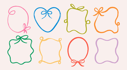 Set of various decorative Frames or borders. Different shapes. Photo or mirror frames. Elegant, outline, ribbon, modern style. Hand drawn trendy Vector illustration. Isolated design elements