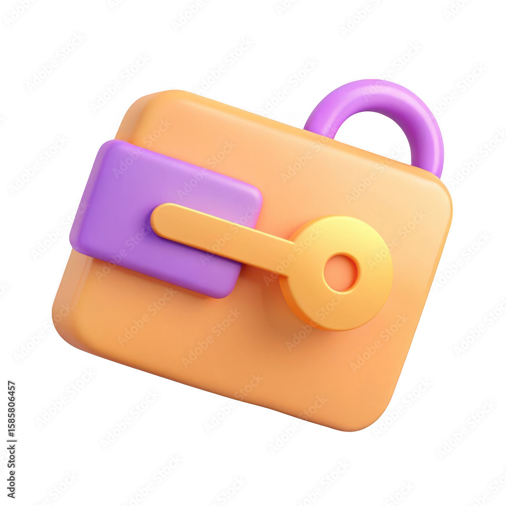 Poster 3d wallet with key and lock isolated on transparent background