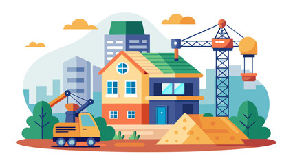 Vector art of a colorful illustration of a house under construction with cranes and machinery on a cityscape background