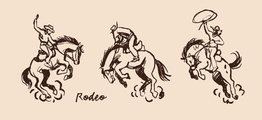 Horse rodeo set. Cowboy on horse in movement. Various positions. Western traditional sport. Hand drawn modern Vector illustration. Isolated design elements. Print, poster, sticker, design templates