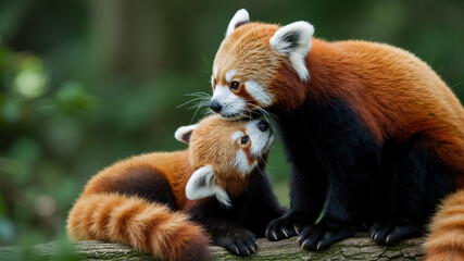 Red panda mother and cub resting on a log. Close up of two red pandas cuddling in a forest setting.