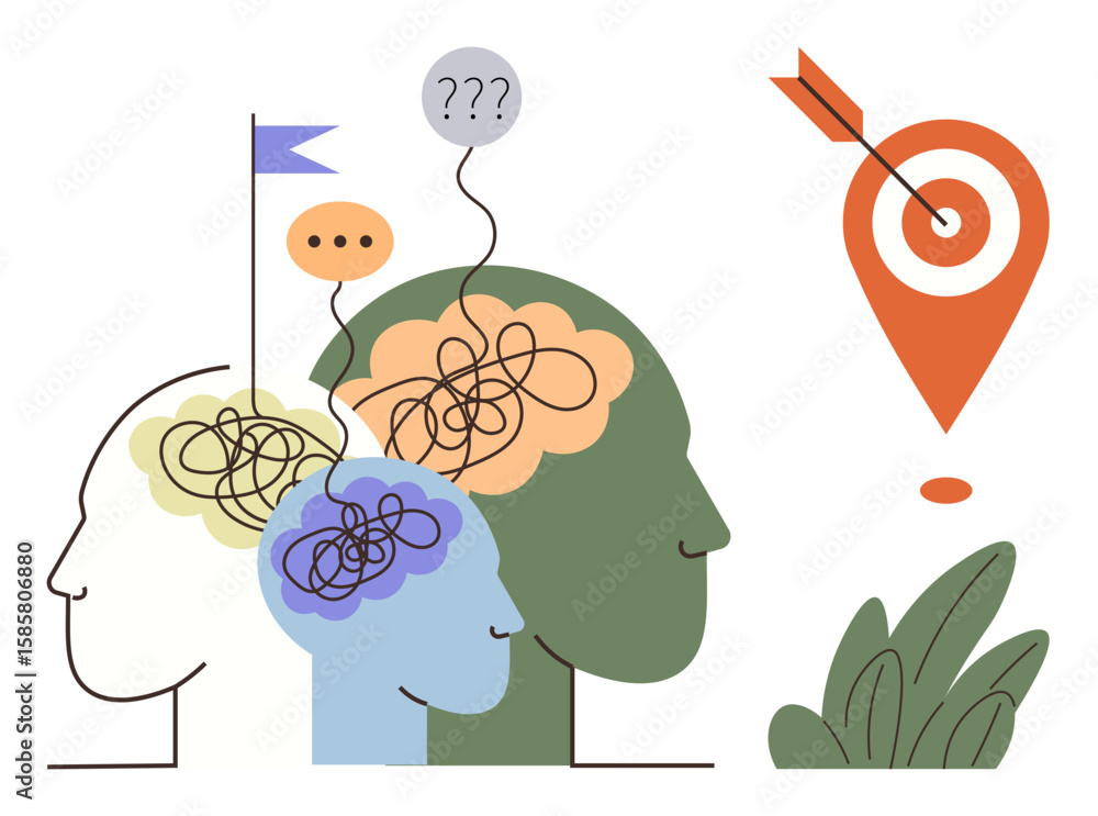 Poster tangled lines in human heads transitioning into clarity represented by a target and arrow. ideal for