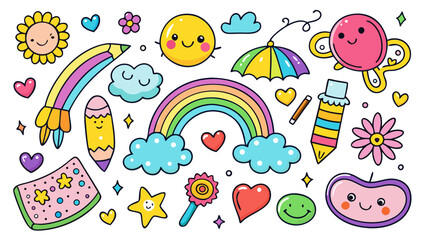 Vector art of a collection of cute and colorful doodle illustrations featuring a smiling sun, rainbow, flowers, rocket, and other playful elements
