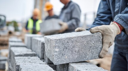 Close up of recycled concrete blocks stacked at eco friendly construction site, workers handling materials