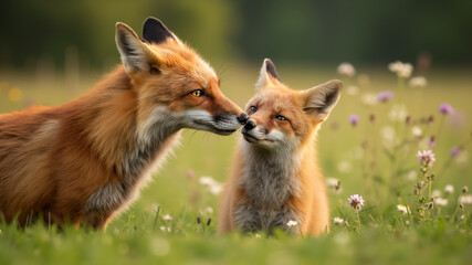 Fototapeta premium Red fox mother nuzzling her cub in a wildflower meadow. Close up of two foxes interacting in a grassy field. Family bond concept.