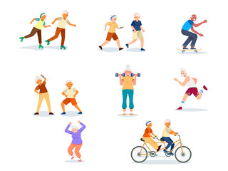 active senior grandparent couple rest everyday activity happy retired elderly people shopping spending time together walking travelling exercising illustration