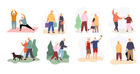 active senior grandparent couple rest everyday activity happy retired elderly people shopping spending time together walking travelling exercising illustration