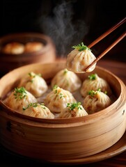 Steaming dumplings in bamboo basket with chopsticks.