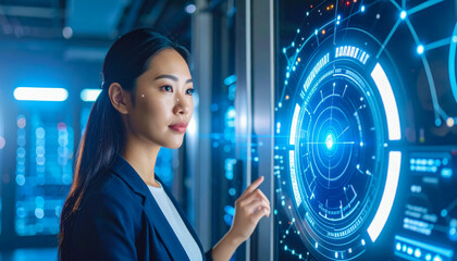 A woman in a sophisticated outfit engages with a digital display, exploring data visualizations in a modern data center atmosphere