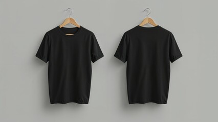 Simple, Elegant Black T-Shirts on Wooden Hangers Against a Neutral Background