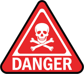 Red triangle warning sign with white skull and crossbones and the word danger vector