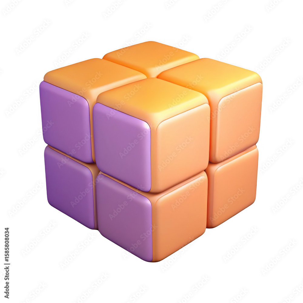 Poster 3d abstract cube with orange and purple blocks isolated on transparent background