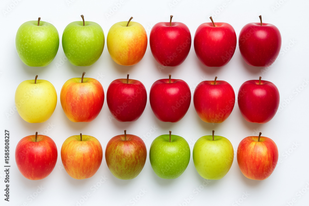 Poster different types of apples in various colors are neatly arranged in rows, showcasing their freshness 