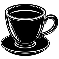 A black and white illustration of a coffee cup and saucer with a handle