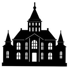 A grand historic building silhouette with ornate windows and a central tower