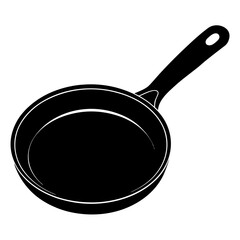 A black silhouette of a frying pan, a common kitchen utensil for cooking, isolated on a white background