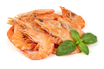 Cooked Shrimp with Basil, isolated on white background