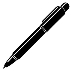 A black silhouette of a modern ballpoint pen isolated on a white background