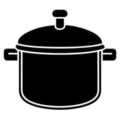 A black cooking pot with a lid and handles, isolated on a white background