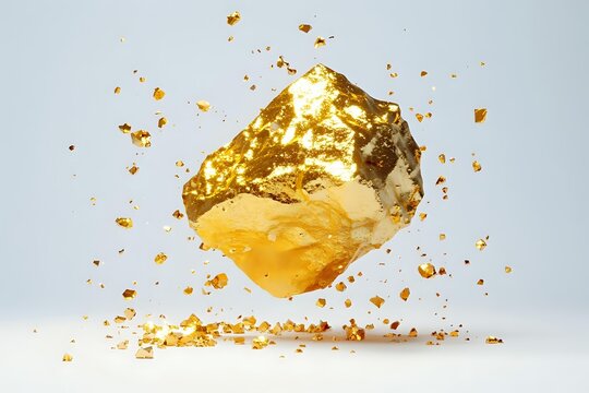 Golden crystal chunk floating with scattered fragments against light background, dynamic composition showing luxury mineral with reflective surface and particles.