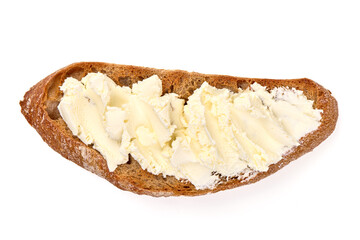 Bread slice with cream cheese spread, isolated on white background