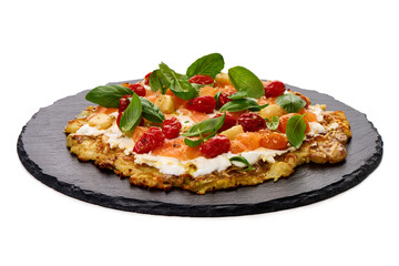Potato Pizza with Salmon, Tomatoes, and Basil, isolated on white background