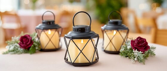 Three lit lanterns with candles and decorative roses on a table light flame