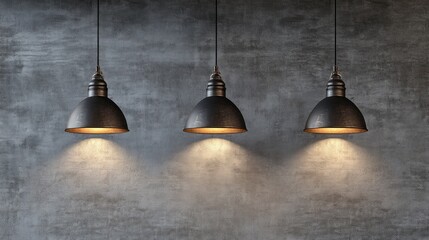 Three vintage pendant lights illuminate a textured gray wall.