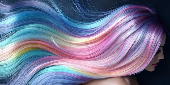 Flowing iridescent hair in pastel rainbow colors against dark background showcases vibrant holographic dye technique and ethereal beauty in modern hair coloring.