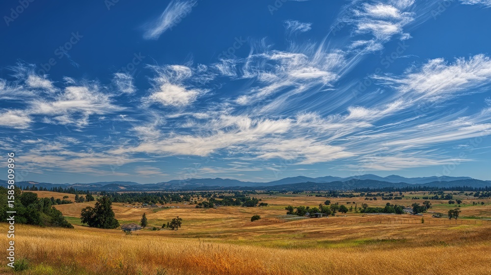 Poster a panoramic view of golden fields under a vast blue sky with scattered wispy clouds and distant moun