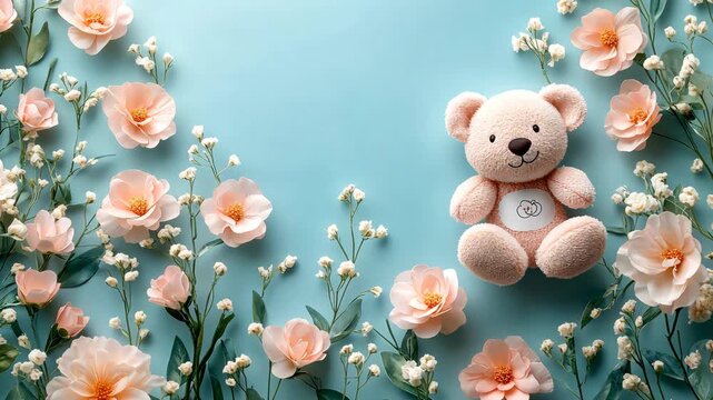 Gentle embrace: A soft teddy bear nestled among delicate blooms on calming blue background