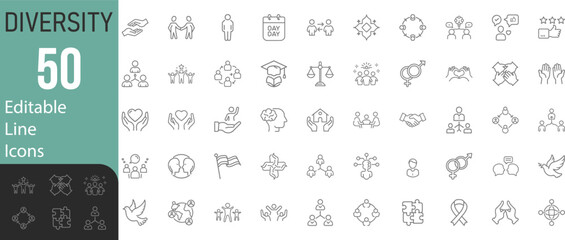 Collection Of Modern Editable Thin Stroke Line Style Social Diversity Icons Set Related Oneness, People, Equality And More On An Isolated Background