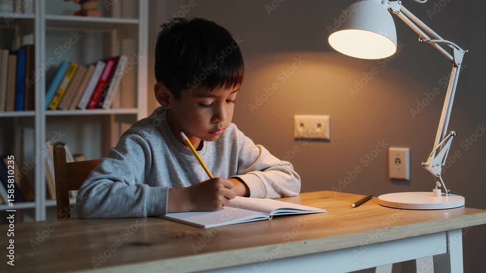 Poster elementary school student writing on notebook sitting at desk under lamp light, diligently completin