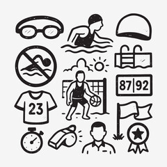 Doodle Style Sports Icons Collection Swimming, Basketball, Referee, Equipment, and Awards