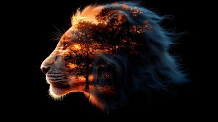 Naklejka premium Artistic double exposure effect combining lion profile with sunset forest silhouette against dark background, glowing orange and blue tones create dramatic atmosphere.