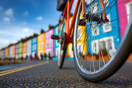 Bicycle wheel against colorful houses