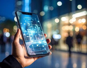 Smartphone displaying city skyline overlay with digital network graphics