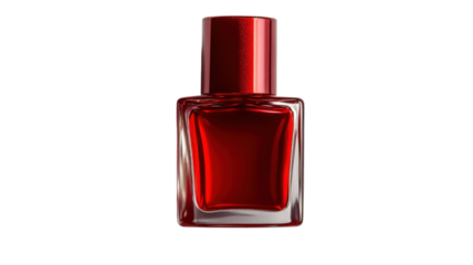 Red nail polish bottle with glossy finish and beauty product detail on white background