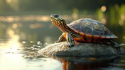Obraz premium A turtle basks on a rock in tranquil water, bathed in golden sunlight