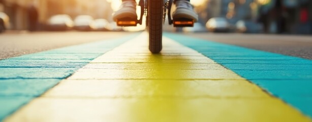 Bicycle rides on colorful urban pathway.