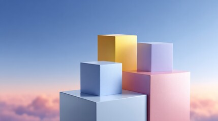 Obraz premium Geometric pastel colored blocks ascend against a soft blue sky with subtle clouds